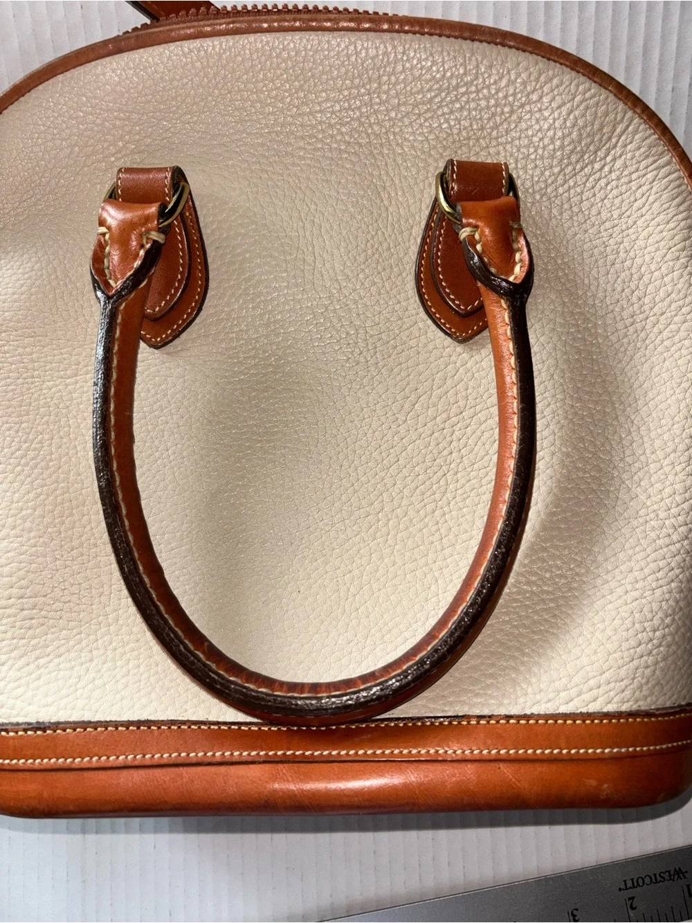 Dooney & Bourke Cream and Brown Leather Dome Satchel Handbag